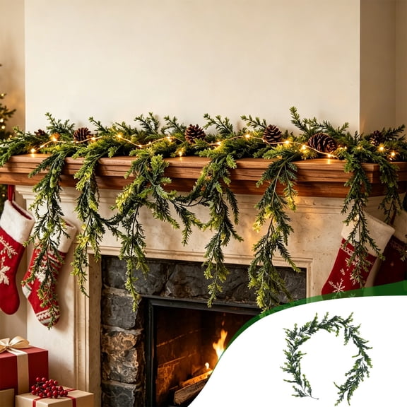 HHJZPR 70.86in Artificial Cypress Pine Garland, 8-Tendril Realistic Evergreen Greenery Vine, Unlit Faux Cedar Mantle Swag for Christmas Fireplace Stair Rail Holiday Decor