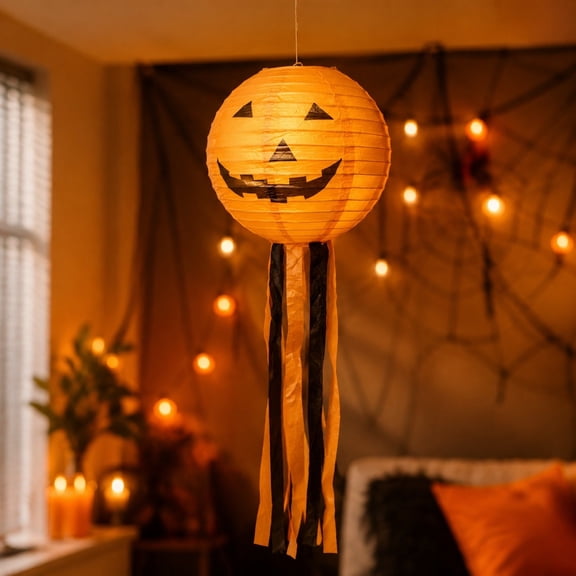 HHJZPR 9.65in Jack-o-Lantern Paper Hanging Lantern with Black & Orange Tassels, 24in Total Height Pumpkin Face Paper Lamp, Spooky Halloween Porch Window Entryway Party Decor