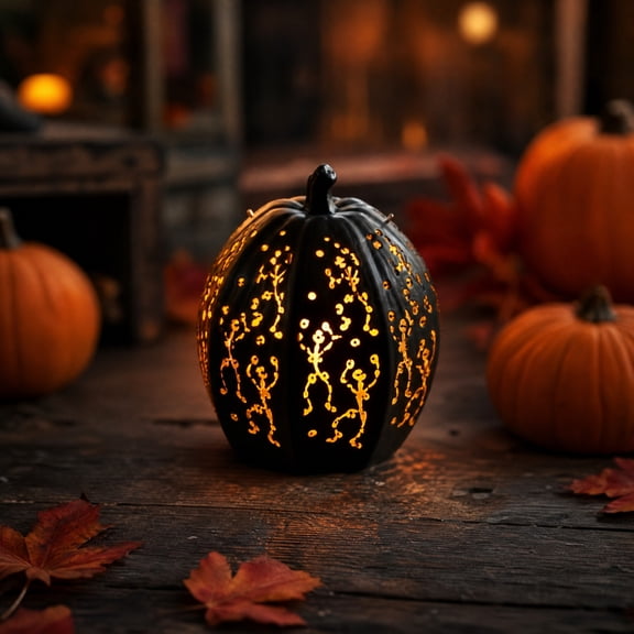 HHJZPR Black Hollowed Dancing Skeleton LED Light Up Pumpkin Statue, 7.87in Glowing Jack O Lantern Tabletop Lamp, Gothic Skeleton Silhouette Halloween Mantel Tiered Tray Decor