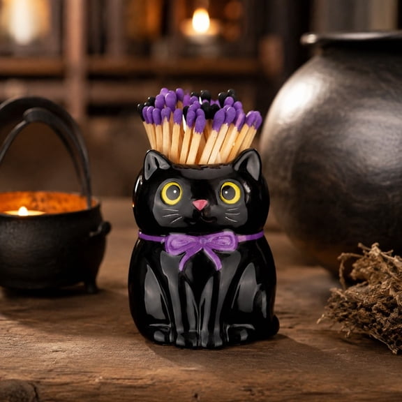 HHJZPR Ceramic Black Cat Match Holder, Cute Halloween Match Storage Container, 3‑inch Tabletop Decor