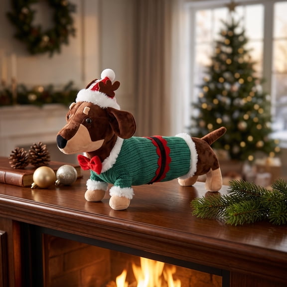 HHJZPR Christmas Dachshund Plush Doll, 19.69"L x12.60"H x4.33"W Festive Holiday Stuffed Wiener Dog with Santa Hat Xmas Home Tabletop Decoration