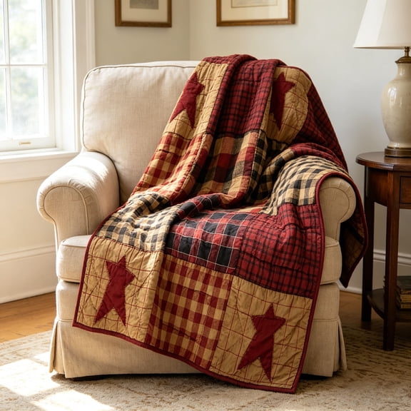 HHJZPR Country Primitive Star Plaid Patchwork Throw Blanket, Red & Tan Quilted Cotton Blanket for Independence Day & Rustic Home Decor