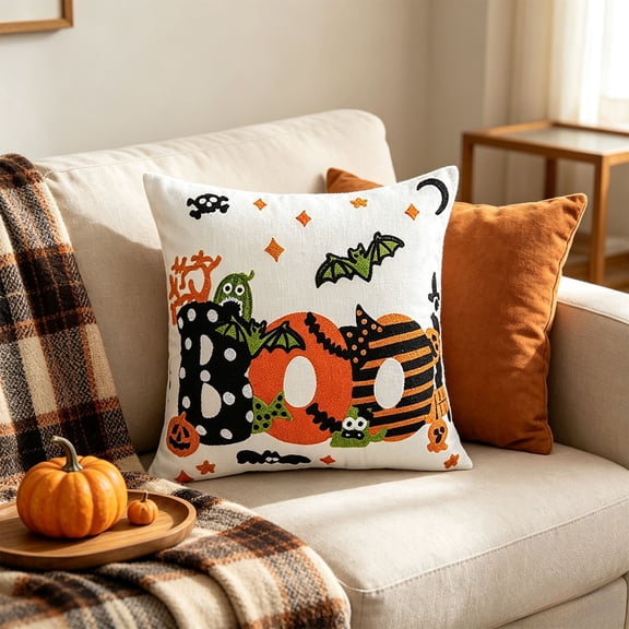 HHJZPR Cute Boo Ghost Bat Tufted Throw Pillow Covers, 17.71in 2 Styles Halloween Linen Cushion Cases, Kid-Friendly Spooky Fall Farmhouse Sofa Decor Pillow Shells