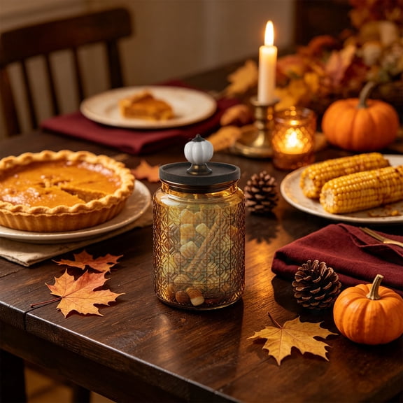 HHJZPR Embossed Glass Storage Jar with Pumpkin Knob Wooden Lid, 6.77in Airtight Fall Harvest Canister, Multi-Color Kitchen Pantry Coffee Nut Candy Decor Container