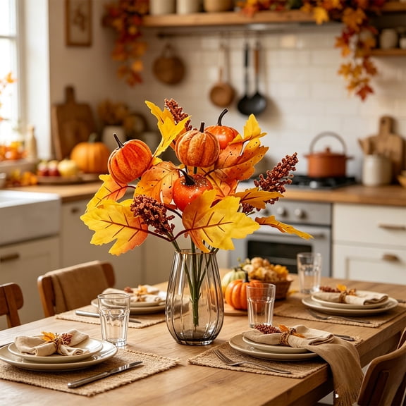 HHJZPR Fall Pumpkin & Maple Leaf Picks, 12" Artificial Floral Stems for Thanksgiving & Halloween Decor