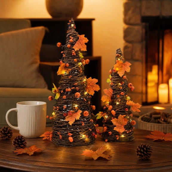HHJZPR Fall Rattan Cone Tree Lighted Set, 12.6in Natural Twig Tabletop Trees with Maple Leaves Berries Warm Fairy Lights, Farmhouse Autumn Tiered Tray Mantel Decor
