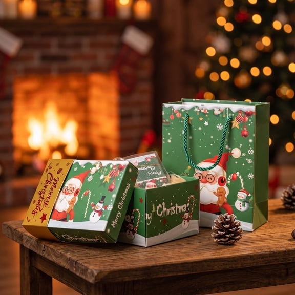 HHJZPR Green Santa Pattern Christmas Explosion Surprise Box Kit, 3×3 Inch 6pcs Mini Pop Bounce Boxes with Decorative Gift Box & Carry Gift Bag for Christmas Small Gifts, Candy, Ornament
