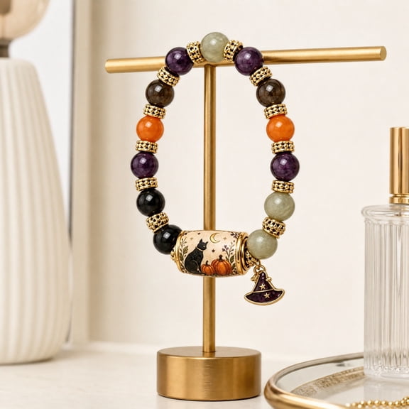 HHJZPR Halloween Black Cat Beaded Bracelet, 3.14in Natural Stone Witch Hat Charm Bracelet, Moon Pumpkin Pattern Barrel Bead Fashion Holiday Jewelry