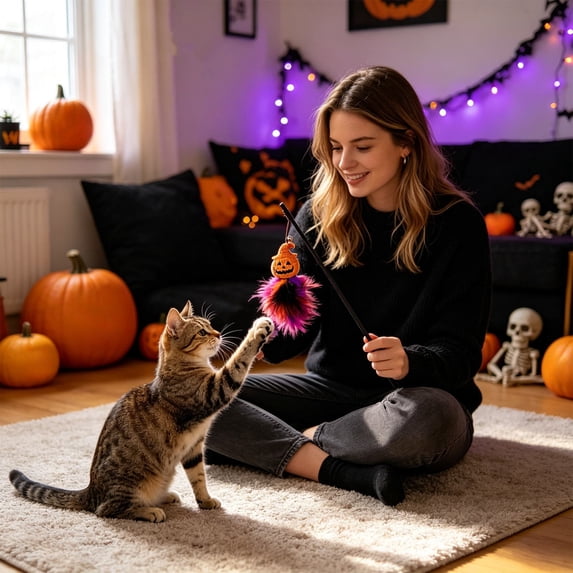 HHJZPR Halloween Cat Wand Toy with Feather & Bell, 15.74in Interactive Pet Teaser Stick, 3 Styles Pumpkin Moon Spider Cat Exercise Toy for Kitten Play