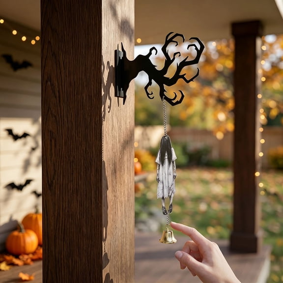 HHJZPR Halloween Metal Dead Tree Branch Hanging Bell Decor, 7.87in No Drill Acrylic Ghost Black Cat Silhouette Wind Chime Ornament, Gothic Front Door Wall Hanging Decor