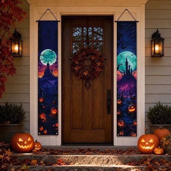 HHJZPR Halloween Porch Banner Set, 71" Spooky Door Decor with Castle & Jack-O'-Lantern Designs