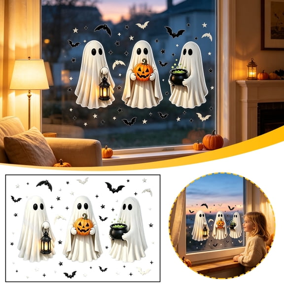 HHJZPR Halloween Summerween Cute Ghost Static Window Cling Set, 23.6 Inch Wide Removable No-Sticky Window Decals with 3 Unique Ghost Designs, Bat & Star Accents for Dining Room