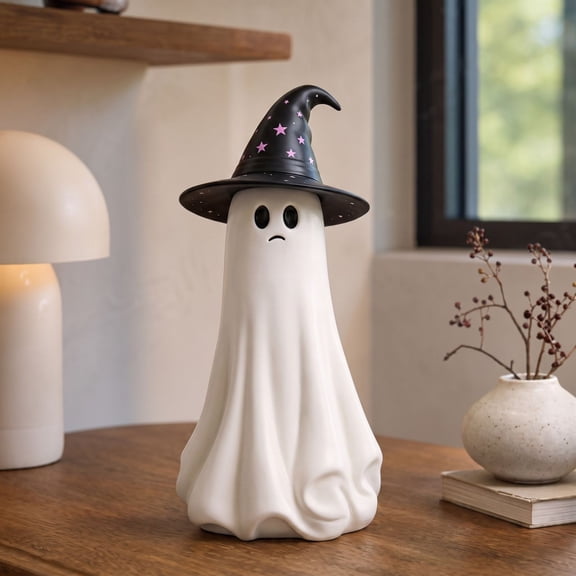 HHJZPR Halloween Summerween Ghost Figurine with Star Witch Hat, 19.69 in x 7.87 in Cute White Ghost Statue, Resin Tabletop Halloween Home Decor