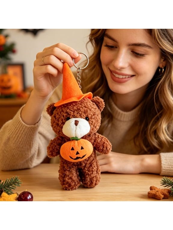 Halloween Witch Teddy Bear Plush Keychain, Cute Bat Wing Stuffed Animal Bag Charm for Fall & Spooky Season Gifts