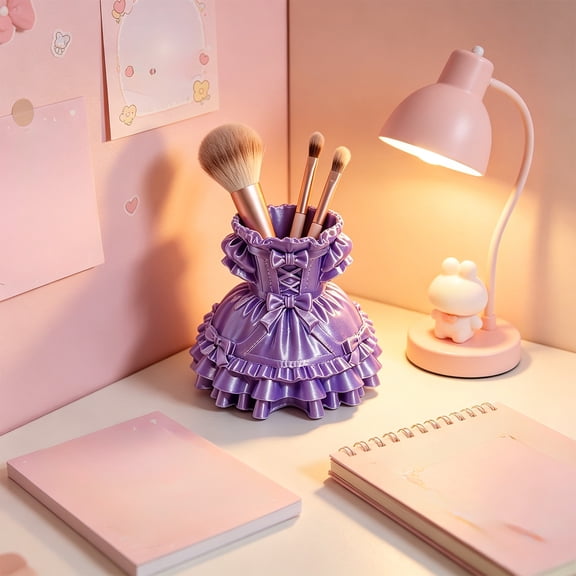 HHJZPR Kawaii Princess Dress Makeup Brush Holder, Ruffle Bow Decor Cosmetic Storage Cup, Cute Resin Desktop Organizer for Makeup Brushes, Pens & Small Vanity Supplies