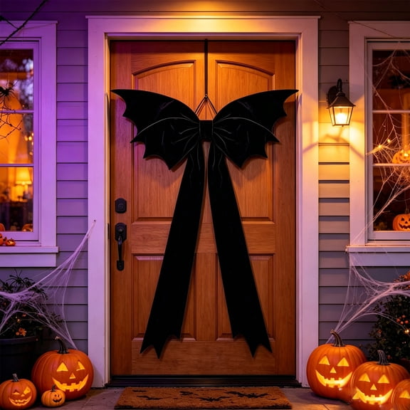 HHJZPR Large Black Velvet Bat Wing Bow Decor, 45.28in Gothic Halloween Thanksgiving Front Door Giant Bow Ornament, Long Bat Tail Velvet Bow for Porch Wreath Wall Window Decor