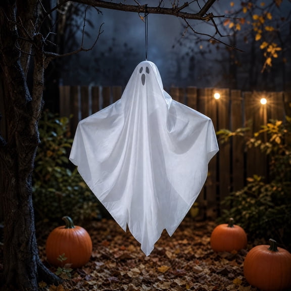 HHJZPR Large Hanging White Ghost Halloween Decor, 25.59×23.62in Floating Fabric Ghost Ornament, Spooky Hanging Prop for Window Porch Tree Indoor Outdoor Party Scene Layout