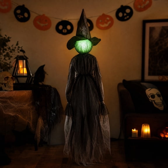 HHJZPR Light‑Up Standing Witch Figurine, 48 Inch 7 Color Light Black Tulle Ghost Witch Decor for Halloween Summerween Indoor Outdoor Party