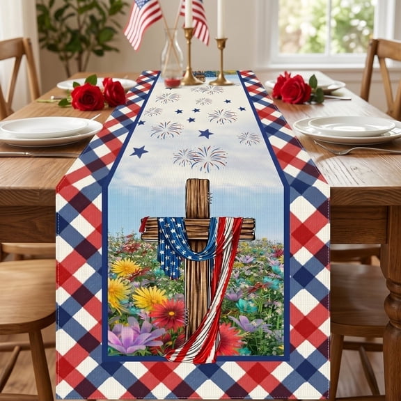HHJZPR Patriotic 4th of July Table Runner, 72x13in Red White & Blue Decorative Table Linen for Independence Day