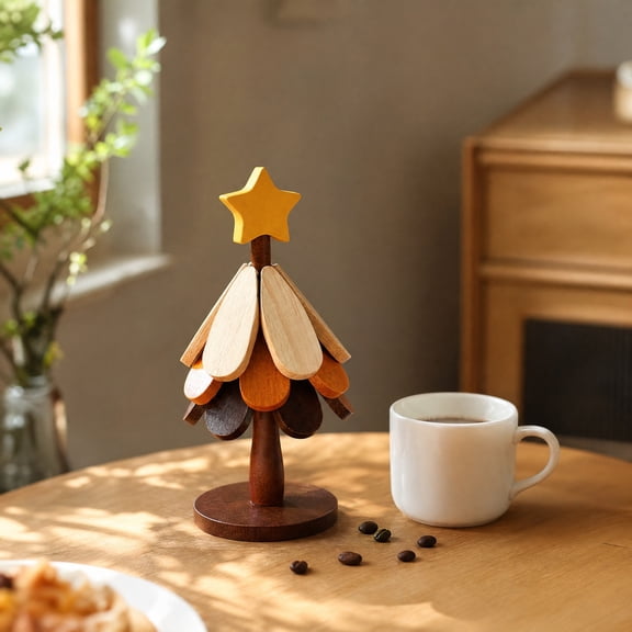 HHJZPR Rotatable Wooden Tree Trivet, 3-Tier Colorful Wood Slice Heat Resistant Coaster Decor, Foldable Christmas Tree Table Insulation Pad for Pot Cup Tabletop Decor