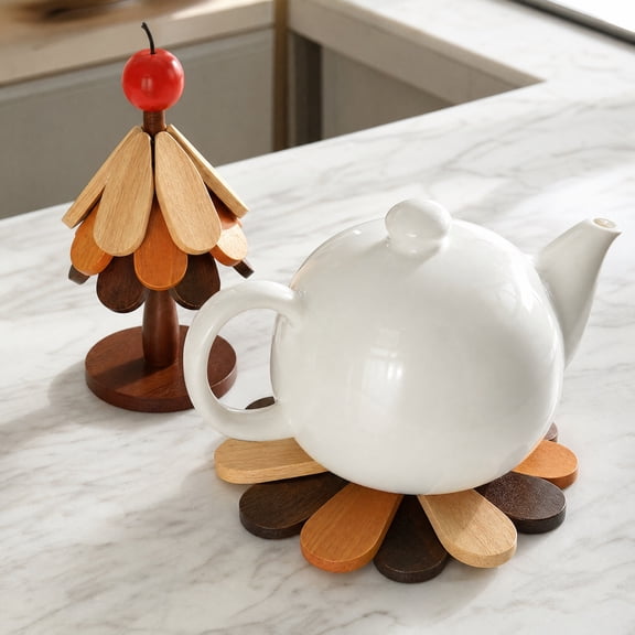 HHJZPR Rotatable Wooden Tree Trivet, 3-Tier Colorful Wood Slice Heat Resistant Coaster Decor, Foldable Christmas Tree Table Insulation Pad for Pot Cup Tabletop Decor
