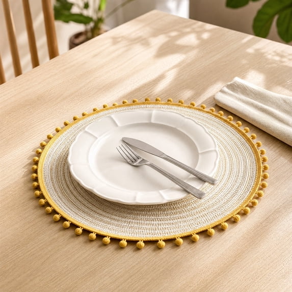 HHJZPR Round Pom Pom Woven Placemat, 14.96in Hand Braided Heat Resistant Table Charger Mat, Decorative Circular Dining Table Coaster for Home Kitchen Restaurant Party Decor