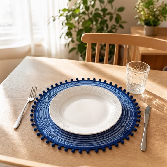 HHJZPR Round Pom Pom Woven Placemat, 14.96in Hand Braided Heat Resistant Table Charger Mat, Decorative Circular Dining Table Coaster for Home Kitchen Restaurant Party Decor