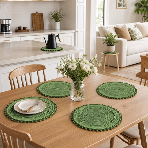 HHJZPR Round Pom Pom Woven Placemat, 14.98in Semi-Hand Braided Heat Resistant Table Charger Mat, Boho Decorative Circular Dining Coaster for Home Kitchen Restaurant Party Table Decor