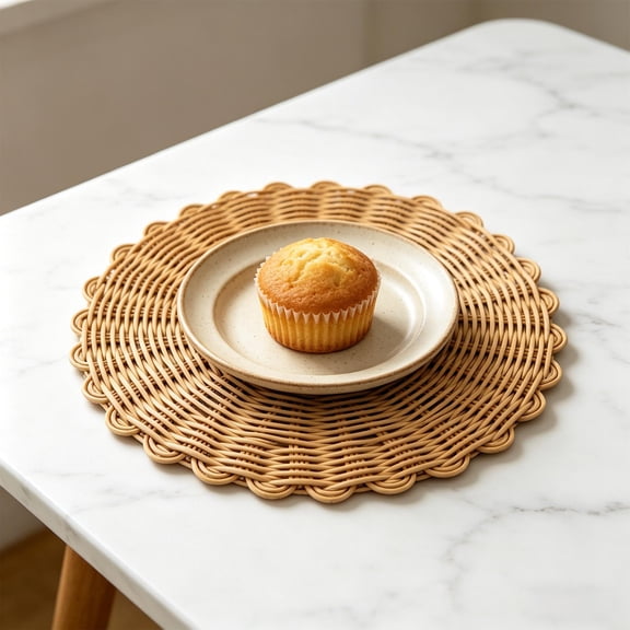 HHJZPR Round Woven Placemat, Natural Rattan Heat Resistant Table Mat, 10" Farmhouse Scalloped Edge Trivet for Kitchen Dining Decor