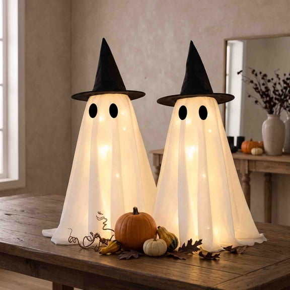 HHJZPR Set of 2 LightUp Ghost Figurines with Witch Hats, 27.5 Inch Halloween Tabletop Party Decor, Warm White LED Glowing Ghost Statues for Indoor Home Vignette Display