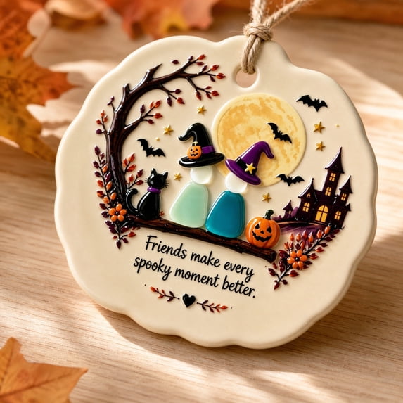 HHJZPR Tree Shaped Halloween Summerween Acrylic Ornament, Printed Spooky Night Witch Couple Cat Pumpkin Castle Quote Hanging Decor for Holiday Front Porch Xmas Tree Mantel Display