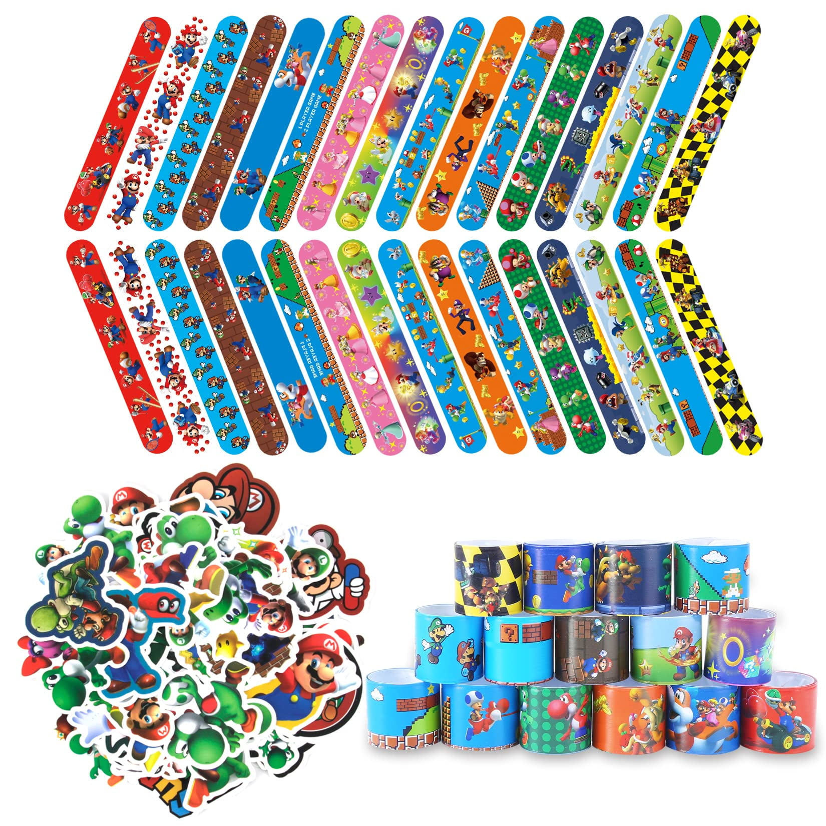 HHMJZW 32PCS Mario Bros DHF10Slap Bracelet Toys and 50 PCS cartoon Mario Bros party stickers carnival prizes - for Kids Boys & Girls Birthday Party Supplies Favors