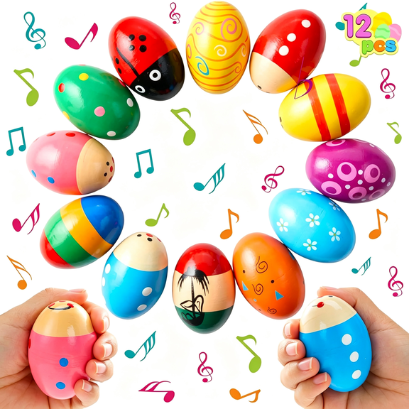 HHNOU 12 Packs 1.9''*2.7" Wooden Egg Shakers Maracas Percussion Musical for Party Favors, Classroom Prize Supplies, Musical Instrument, Basket Stuffers Fillers, Easter Hunt