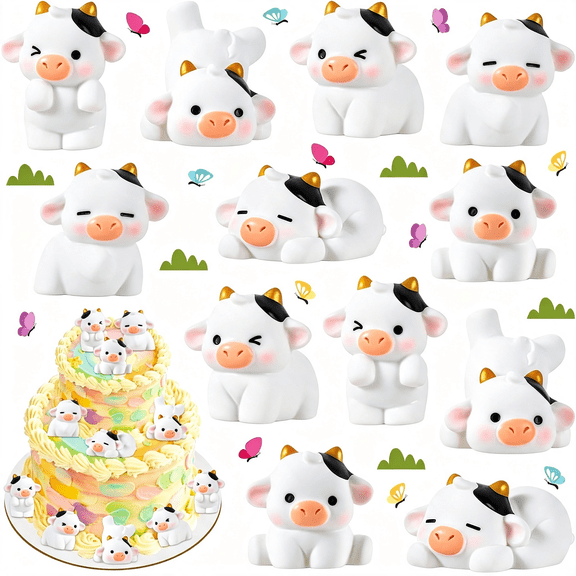 HHNOU 12 Pcs Mini Cows, Mini Resin Cows Figurines, Tiny Mini Animals | Miniature Figurines, Cute Cow Cupcake Toppers Fairy Garden Landscape Ornaments for Home Dcor, Cake Decoration, Diy Crafts