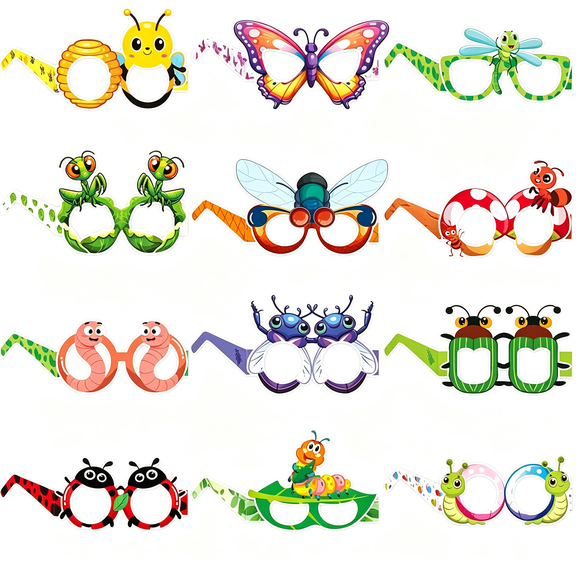 HHNOU 12Pcs Insect Party Favors Paper Eyeglasses Bug Paper Glasses for Spring Summer Insect Photo Booth Props Props