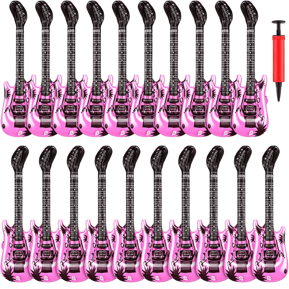 HHNOU 20 Pcs Inflatable Guitars 21 Inch Small Blow Up Guitar with Inflator Pink Rock Instrument for Kids Birthday Rock and Roll Party Decorations Photo Booth Props