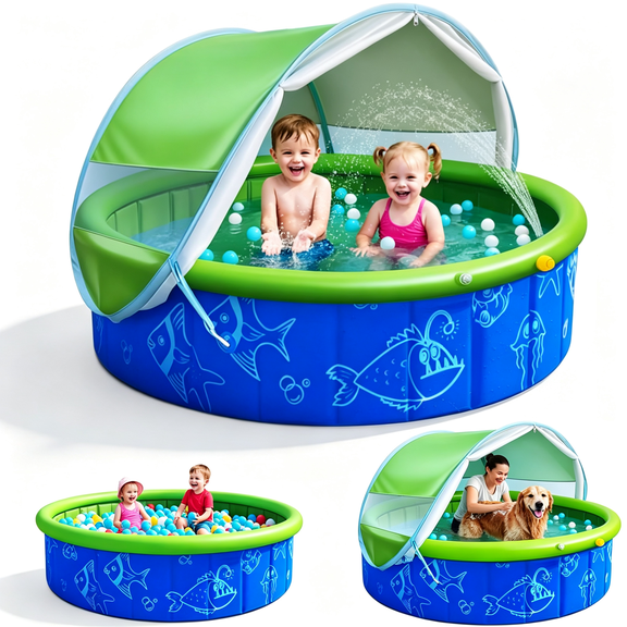HHNOU 2026 Updated Foldable Kiddie Pool with Canopy and 20 Ocean Balls: 47In for Baby Toddler Kids- Summer Water Play Pool with Sprinkler and Shade - Portable for Outdoor Backyard Beach