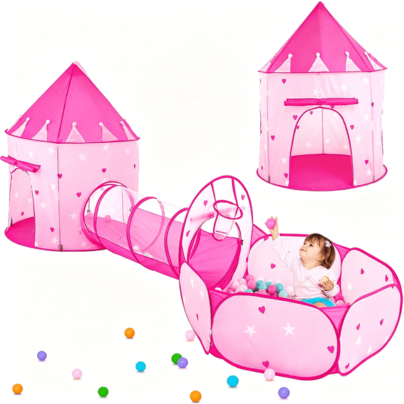 HHNOU 3Pc Kids Play Tent for Girls with Ball Pit,Crawl Tunnel,Princess Tents for Toddlers,Baby Space World Playhouse Toys,Boys Indoor& Outdoor Play House,Perfect Kid'S Gifts