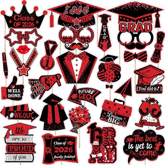 HHNOU 3Pcs Red Graduation Photo Props 226, Class of Party Decorations, Graduation Photo Booth Props Decorations, Prom Party Decor Graduation Season Photo Props