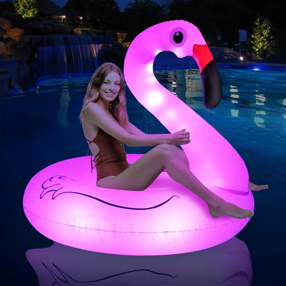HHNOU 42" Inflatable Flamingo Pool Float with Solar Lights Pink Pool Inflatables Swimming Rings Lake Beach Floaties Adults