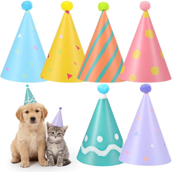 HHNOU 6 Pcs Party Hats for Stuffed Animals, Colorful Stuffed Animal Party Hats, Adjustable Lovely Paper Cone Mini Birthday Hat for Kittens Rabbits Dogs Small Animals Pets Birthday Decoration