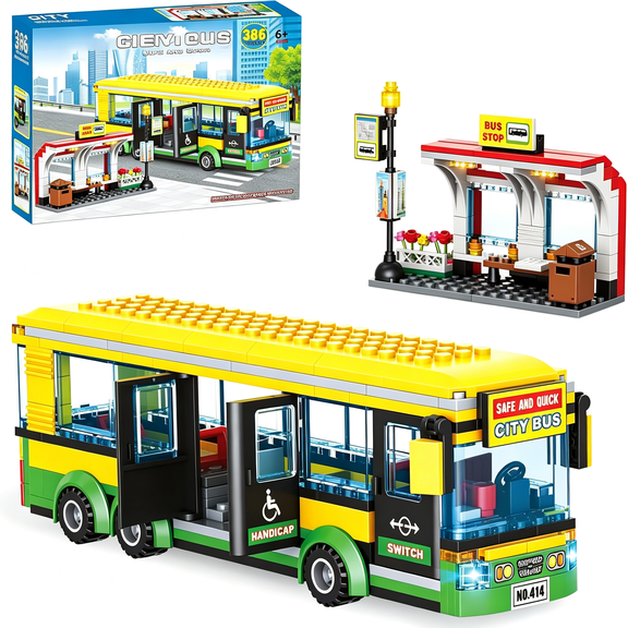 HHNOU City Town Bus Station Building Block Set - 386 Pieces, Educational Learning Creative Stem Bus Toy, Ideal Gift for Kids, Boys, and Girls Ages 6 and Up Building Blocks Set