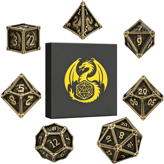 HHNOU Metal Dice Set, Fly Dragon Pattern, 7Pcs Polyhedral Metal Dnd Dice Set, Dnd Starter Set, D&D Gifts, Role Playing Board Games Accessories, Bronze