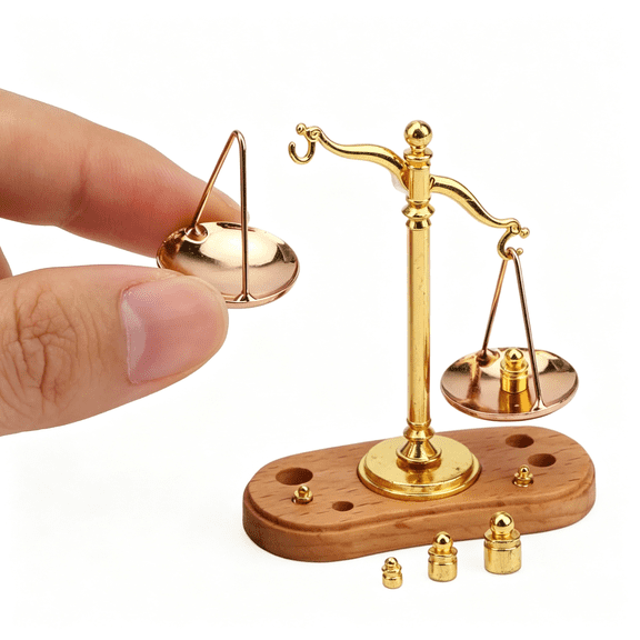 HHNOU Miniature Balance Scale 1:12 Dollhouse Acessorise, Movable 6 Pcs Tiny Weight & Metal Scale, Vintage Model Mini House Desktop Decoration 1:12 Scale