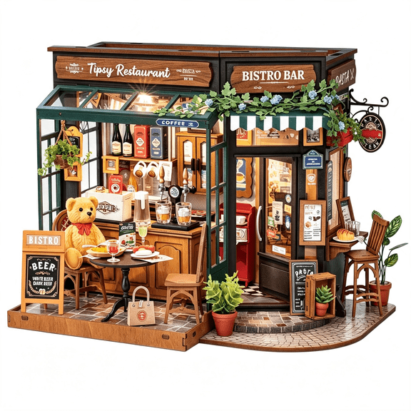 HHNOU Miniature House Kits for Adults,Diy Mini House Building Set,Wooden Dollhouse Craft Kit with Led As Birthday (Wooden Mini House Building Kit Tipsy Restaurant)