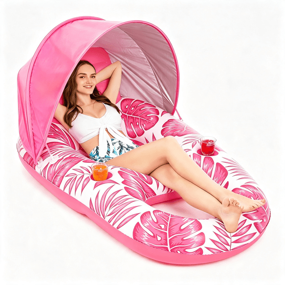HHNOU Pool Float with Canopy-Inflatable Pool Floaties Adult Lounger Floats Raft Floating Chair with Cup Holders for Swimming Pool Lake Water Lounge Float Beach Pool Party Toys for Adults