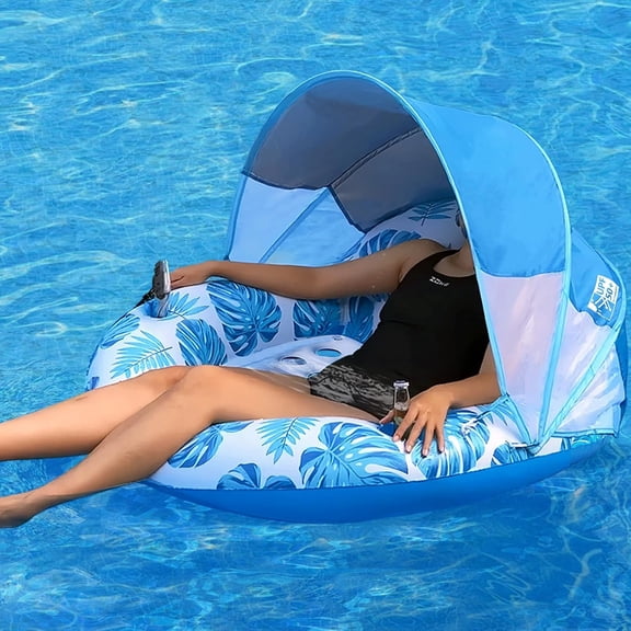 HHNOU Pool Float with Canopy for Adults,Inflatable Lounge Chair with Upf 50+ Sun Protection,Backrest and Legrest,Pool Float with Canopy Blue