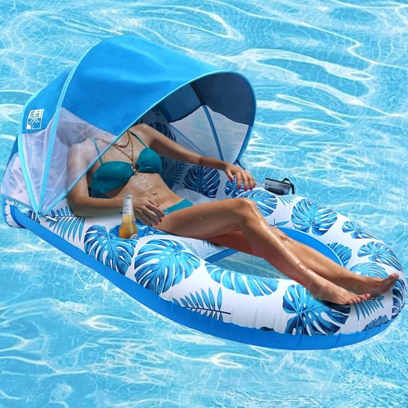 HHNOU Pool Lounge Float with Canopy Upf50+,Extra Large Pool Floats for Adults Heavy Duty,Inflatable Lounger Float with Cup Holder & Backrest,Footrest