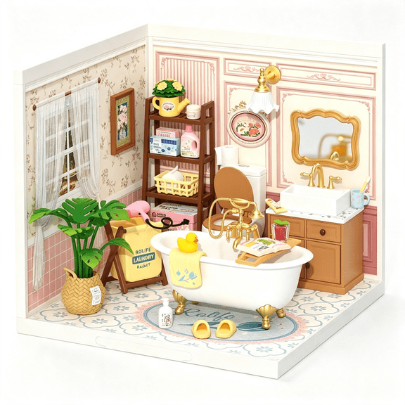 HHNOU Toy Building Set Diy Miniature House Kit with Led Tiny Room Making Kit Expandable Plastic Craft Toy for Creative Play Home Decor Unique Hobby Gift (Pop Bubble Bathroom)