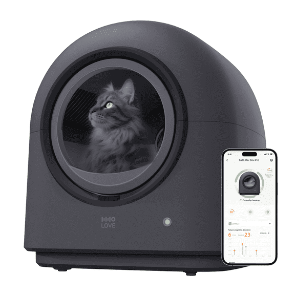 HHOLOVE TYPro Self-Cleaning Automatic Hands-Free Smart Robot Cat Litter Box with Litter Mat, Waste Bags, and Deodorizer, Black